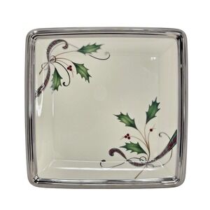 Lenox Holiday Nouveau Platinum Cream Square Accent Luncheon Plate 9" Holly Salad
